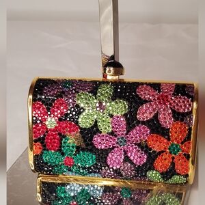 J TIRAS-mini metallic golden evening cluth-black floral colorfull rhinestones